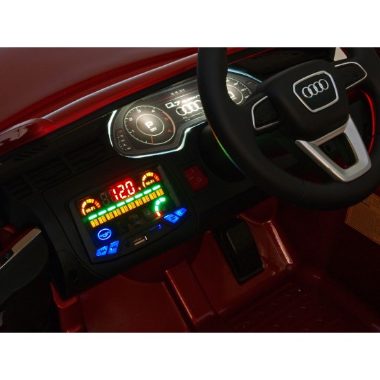 Audi Q7 NEW s 2.4G dálkovým ovládáním, FM rádiem a koženou sedačkou, 12V, VÍNOVÁ METALÍZA